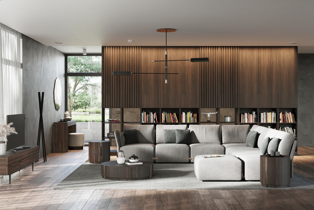 Wooden wall panels in a living room with a modular sofa