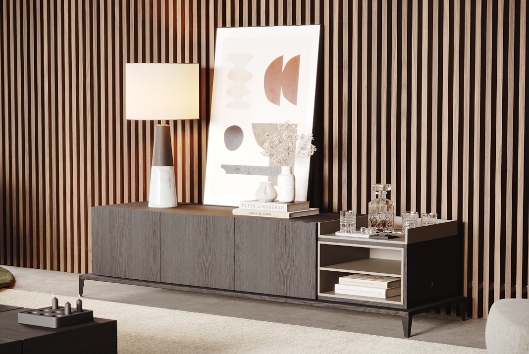 Wooden wall panels in a living room behind a TV cabinet