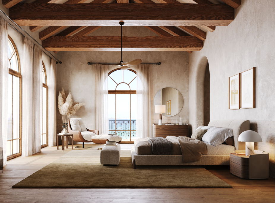 Mediterranean-style bedroom with wooden beams, arched windows and sheer curtains
