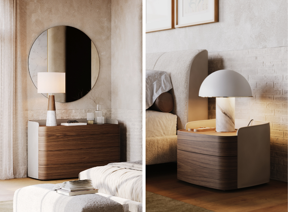 Bedroom nightstands with ceramic table lamps and a round mirror