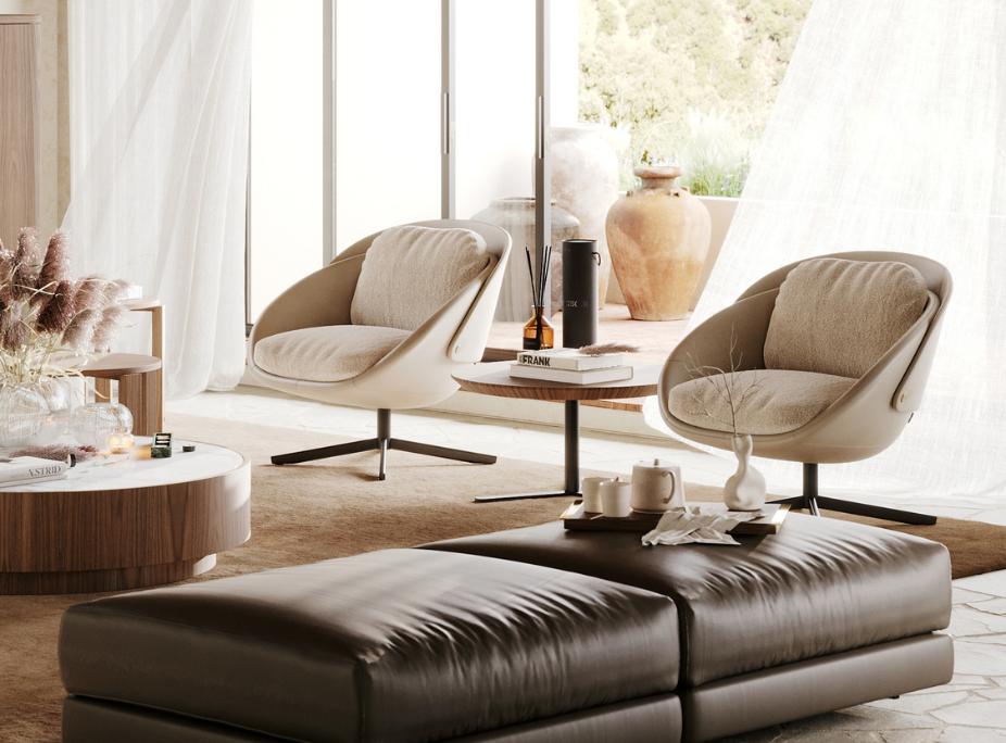 Swivel armchairs beside terracotta vases and sheer curtains
