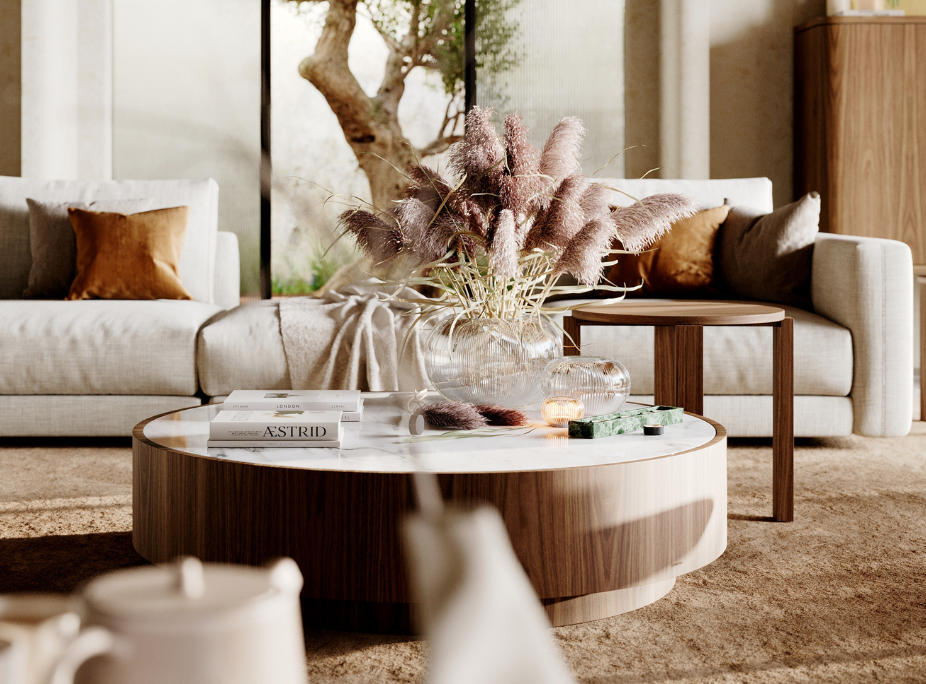 Round coffee table in wood and marble