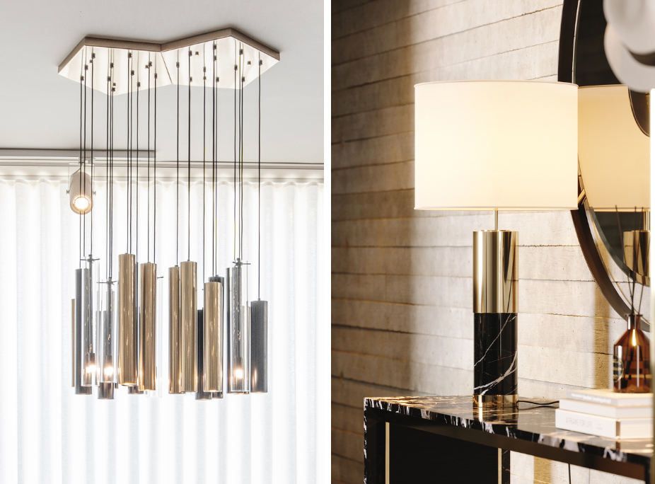 Lámpara de techo Jazz en acero inoxidable dorado y acero inoxidable pulido, lámpara de mesa Sharon en acero inoxidable dorado y mármol Nero Marquina