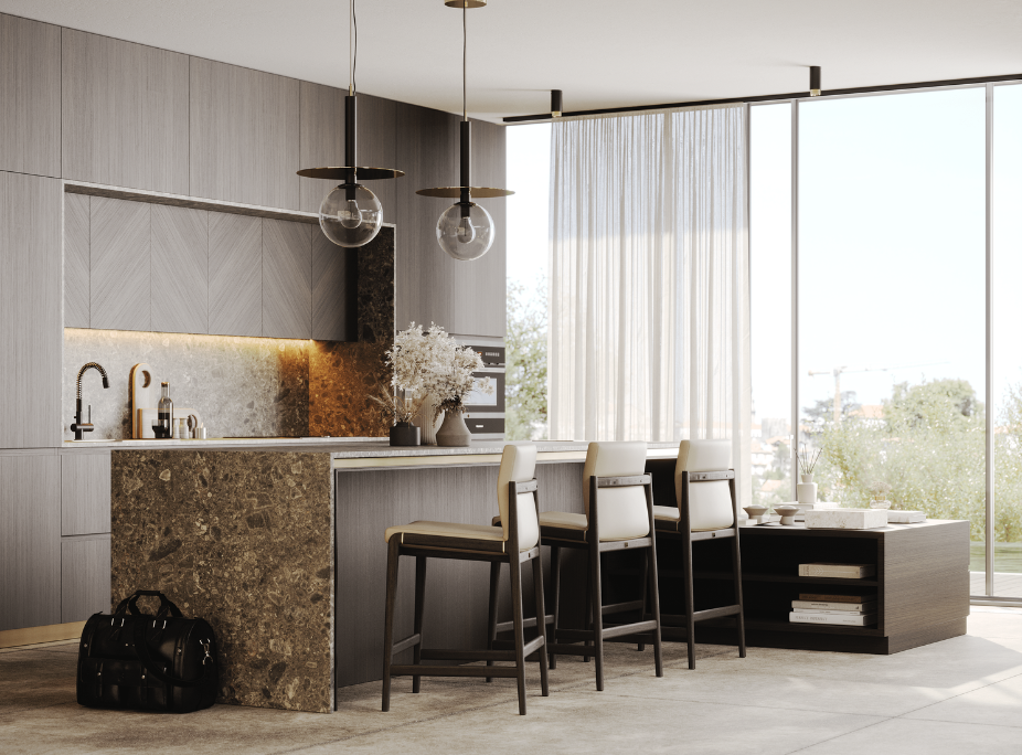 Cocina con iluminación general creada con lámparas de techo Andy, iluminación de trabajo empotrada en el armario y mucha luz natural