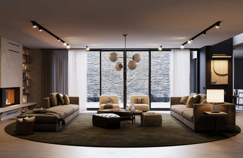 Comedor en tonos oscuros, equilibrado con mucha luz natural, lámpara de techo Meredith, lámpara de mesa Clarke