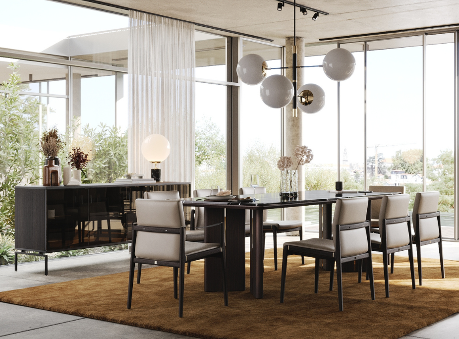 Comedor con lámpara de techo Meredith, lámpara de mesa Marcel, aparador Austin con iluminación integrada y abundante luz natural