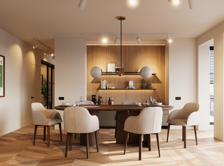 Comedor con iluminación general creada con la lámpara de techo Janis, complementada con iluminación de estanterías y luz natural