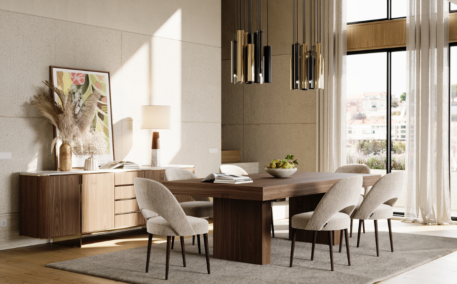 Comedor con lámparas de techo cilíndricas en dorado y negro sobre mesa de madera, complementadas por lámpara de mesa y luz natural