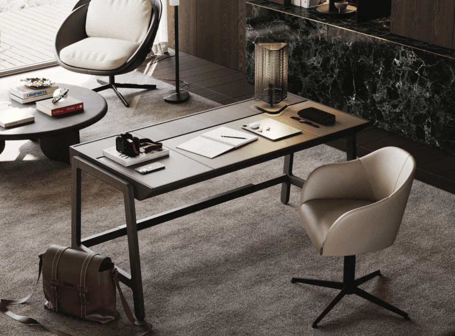 Escritorio con iluminación de tarea creada por la lámpara de mesa Walker y la lámpara de pie Evans, acompañados de mucha luz natural