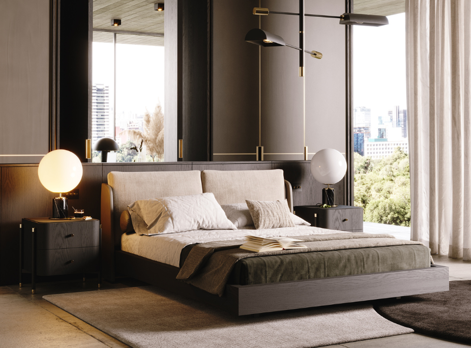 Habitación con lámpara de mesa Marcel, lámpara de techo Randolph, cama Brooke y abundante luz natural