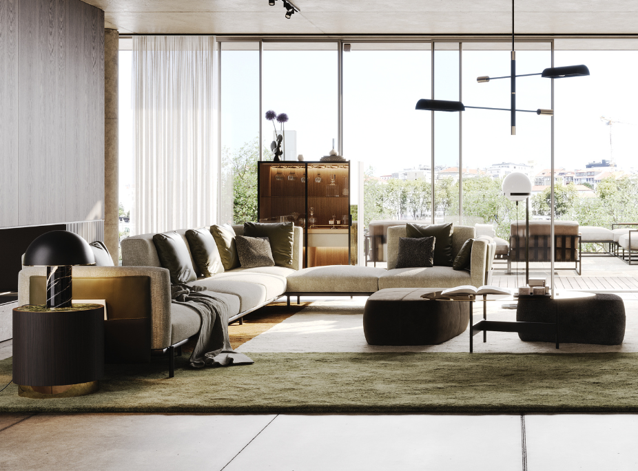 Salón con lámpara de techo Randolph, lámpara de mesa Franklin, iluminación integrada en el mueble de bar Morrison y luz natural