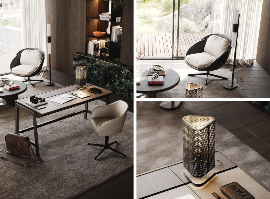 Escritório com iluminação de tarefa: candeeiro de mesa sobre secretária, candeeiro de pé junto a cadeirão e luz natural através de janela ampla