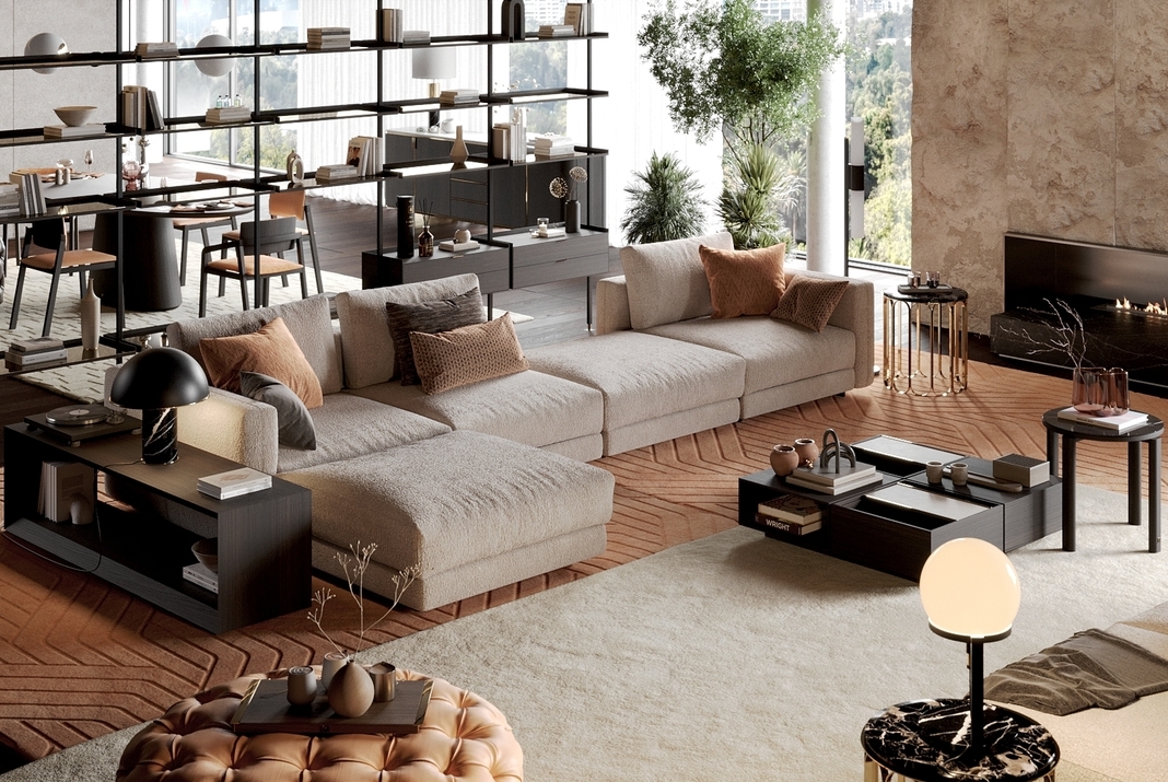 Living area with Peach Fuzz pillows in a modular sofa