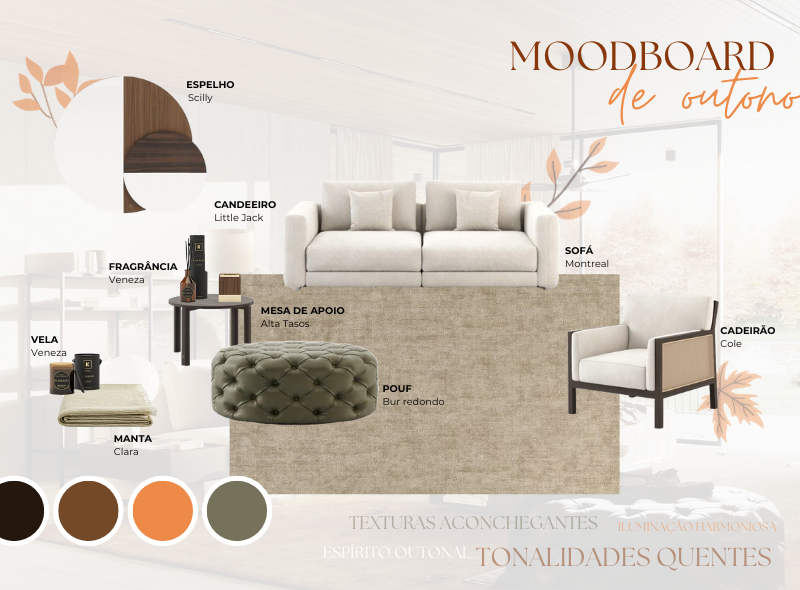 Moodboard com Espelho Scilly, Candeeiro de Mesa Little Jack, Sof Montreal, Cadeiro Cole, Fragrncia Veneza, Vela Veneza, Pouf Bur Redondo, Manta Clara