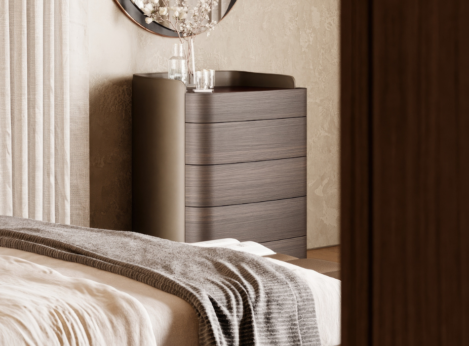 Decoracin de dormitorio simple y organizado con cajonera alta