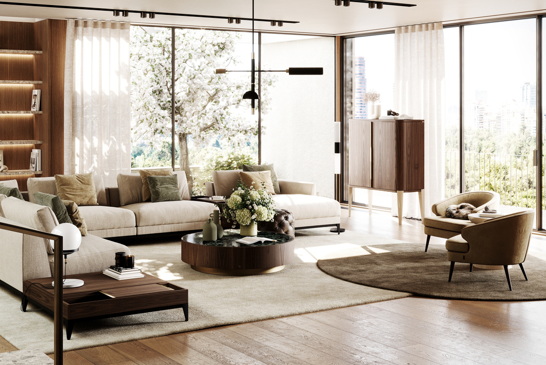 Living room with ample space and big windows for natural lighting.