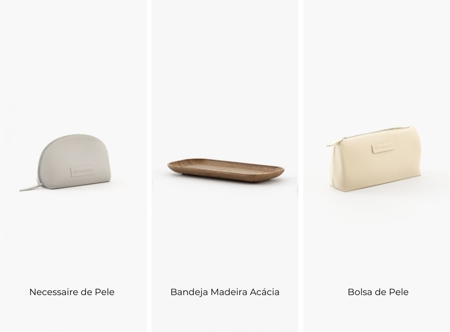 Necessaire de Pele, Bandeja Madeira Accia e Bolsa de Pele nas novidades Laskasas Home