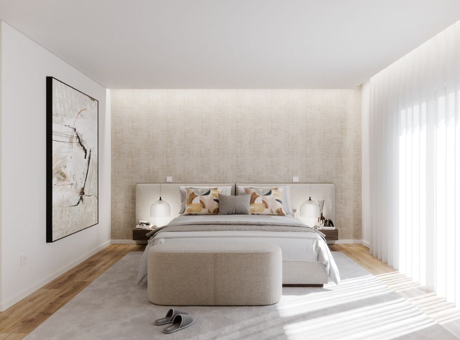 neutral bedroom interior design with textured wall paper, fabric headboard and natural light