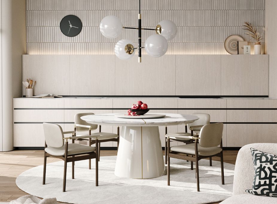 neutral dining room with marble table textured wall and pendant light interior design