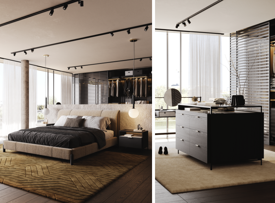 Cama Gray, Mesa de Cabeceira Rowling e Cmoda Ilha Rowling no Quarto e Closet da Casa Douro