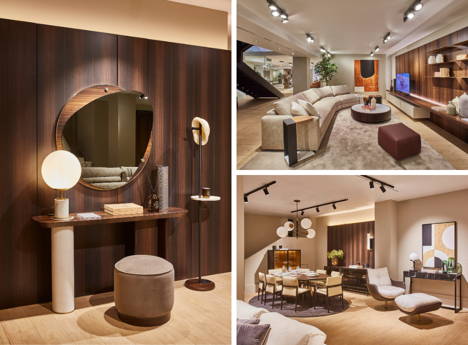 Muebles y interiorismo de recibidor, saln y comedor en la nueva tienda Laskasas de Madrid
