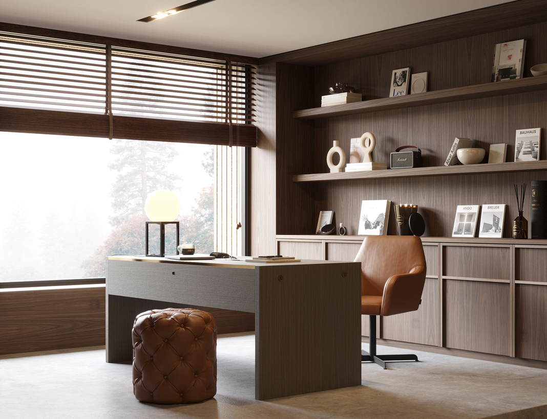 Brown desk and office chair in a home office setup