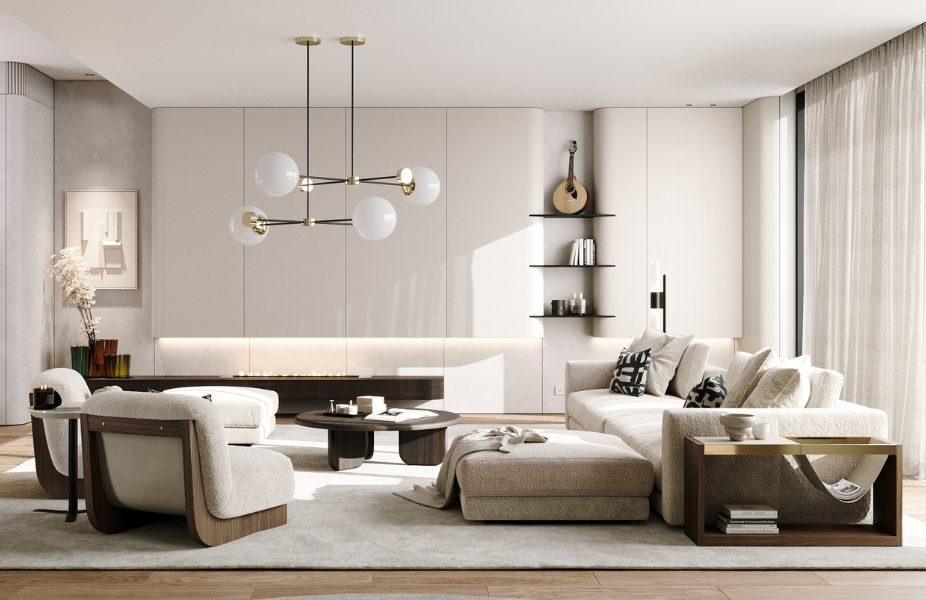 Ambiente completo de sal�n Laskasas, decorado con Claud Dancer (Color Pantone 2026) para una paleta neutra, vers�til, suave y acogedora.