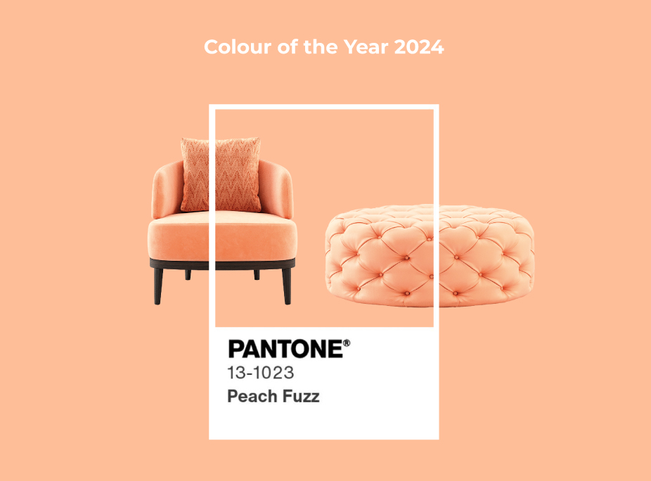 Cor Pantone Peach Fuzz em Cadeirão Keros e Puff Bur Redondo