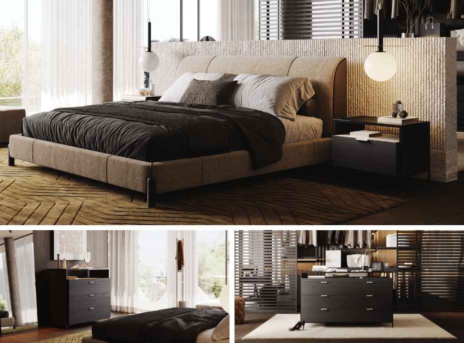 Produtos da nova coleo canvas 2024 com Cama Gray, Mesa de Cabeceira Rowling, Cmoda Rowling e Cmoda Ilha Rowling