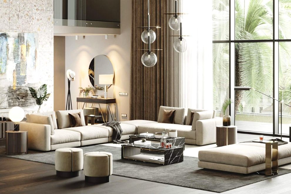 Pouf arrangement as a room dividier in a big living room