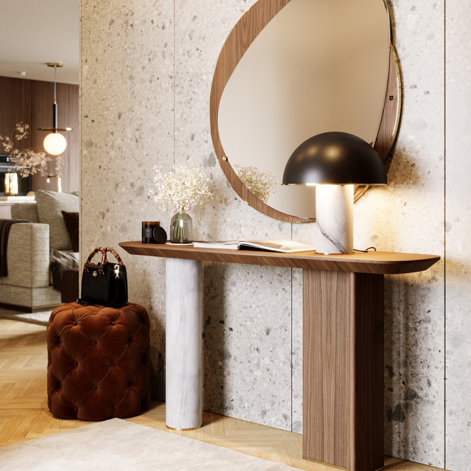 Princípios de decoração em hall de entrada com diferentes texturas e materiais