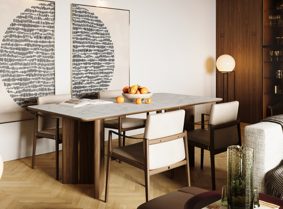 Principios de interiorismo en comedor, con diferentes materiales en armon�a