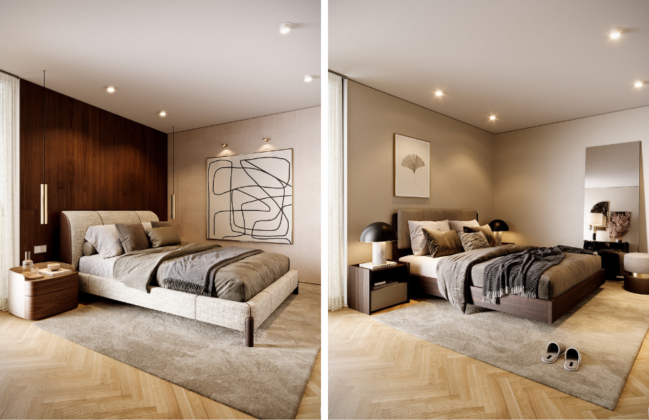 Principios de interiorismo en dormitorio, con dos opciones de mobiliario y acabados para el mismo ambiente