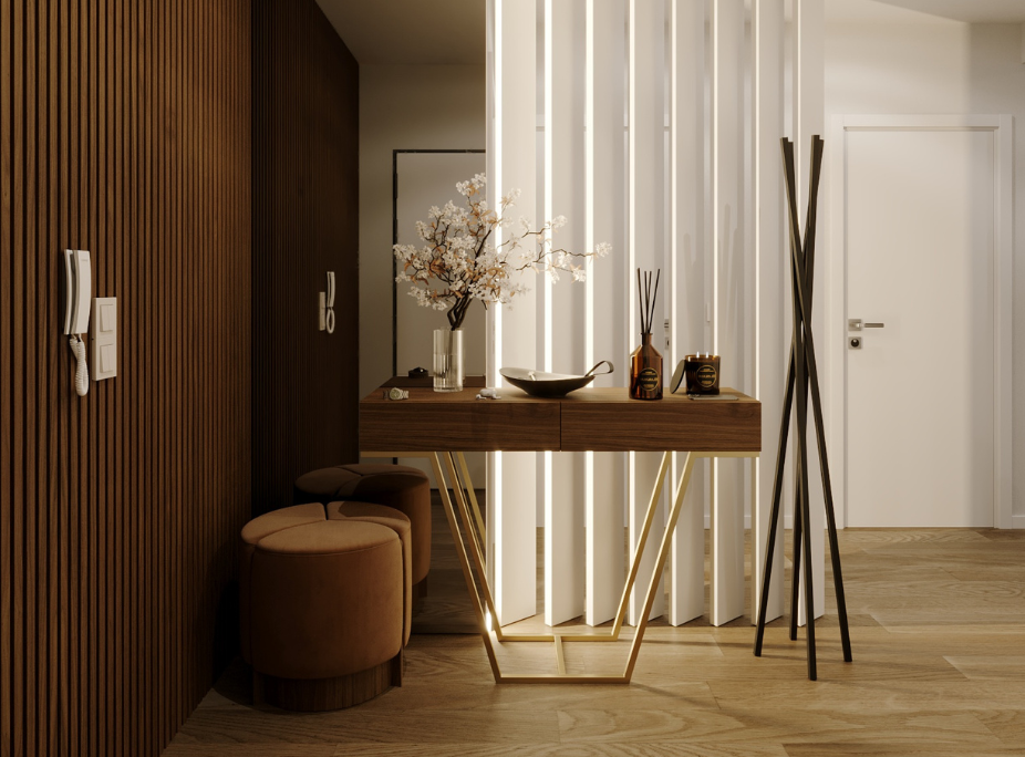 Hall de entrada com consola em nogueira e estrutura em metal dourado, ripado de madeira escura e iluminação vertical integrada, projeto Laskasas