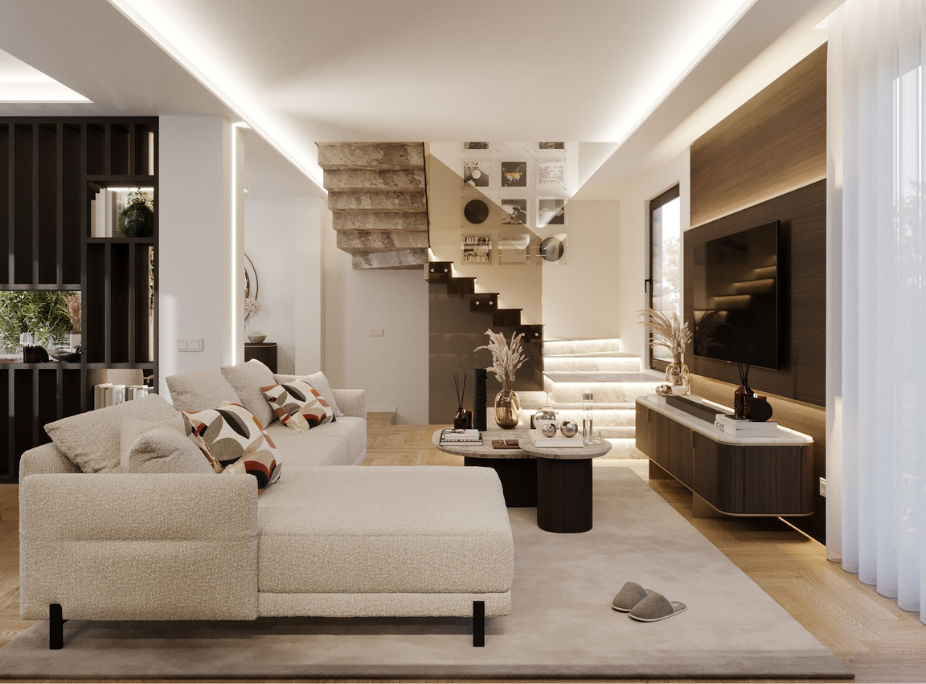 Projeto 3D de decoração de sala de estar Laskasas: sofá creme, móvel de TV em madeira e escadaria com iluminação integrada