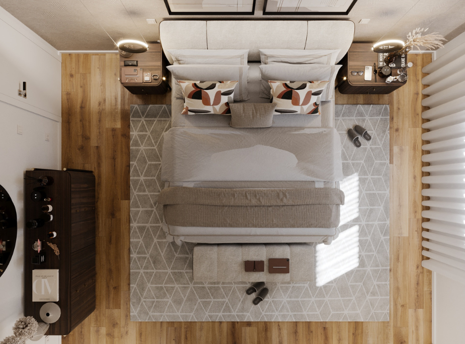 Proyecto 3D de decoración de dormitorio Laskasas: vista aérea con cama de matrimonio, mesitas de noche de madera y alfombra geométrica