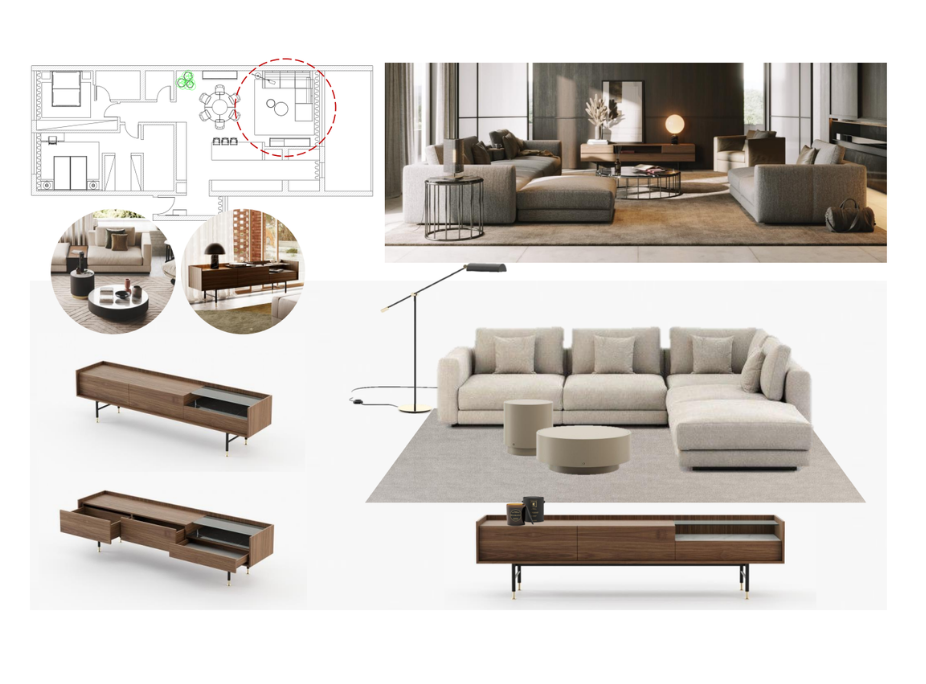 Proyecto 2D de interiorismo Laskasas para salón: moodboard con plano, inspiraciones y selección de mobiliario