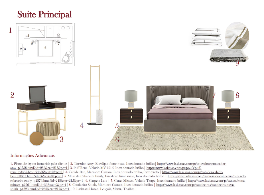 Exemplo de Projeto de decorao 2d para quarto com materiais e acabamentos