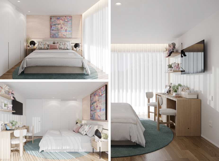 Quarto moderno com área de trabalho integrada, maximizando a luz natural e a funcionalidade do espaço.