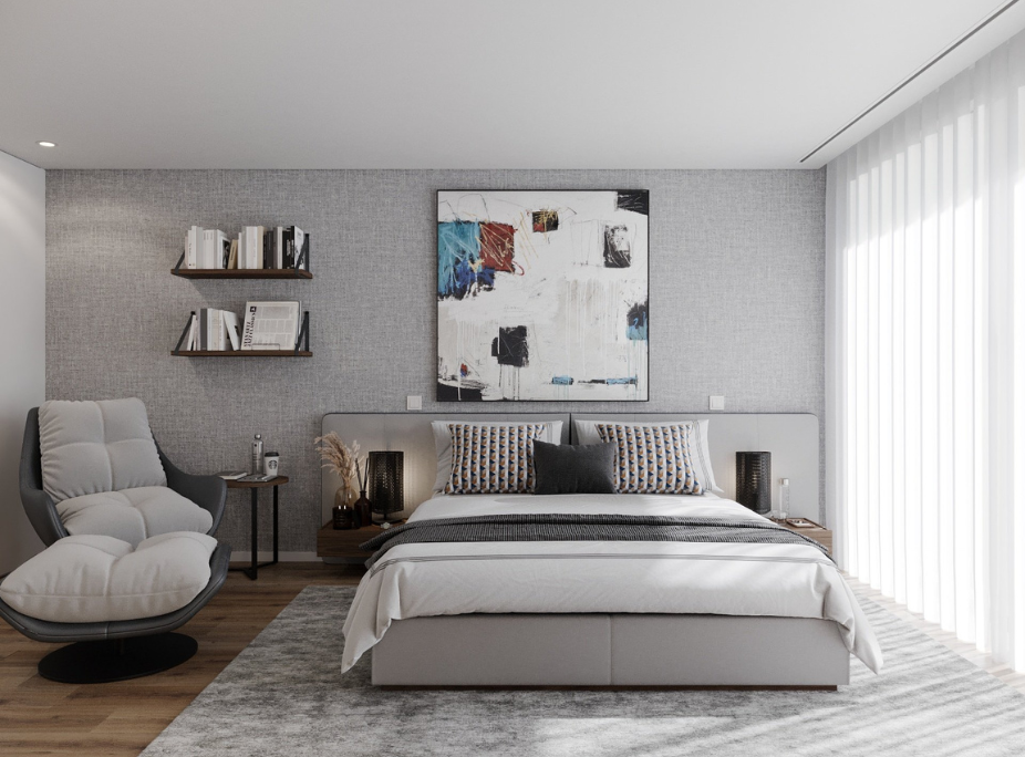 Projeto de decoração de quarto de casal destacando a cama Bonnie da Laskasas em tons suaves e design requintado.