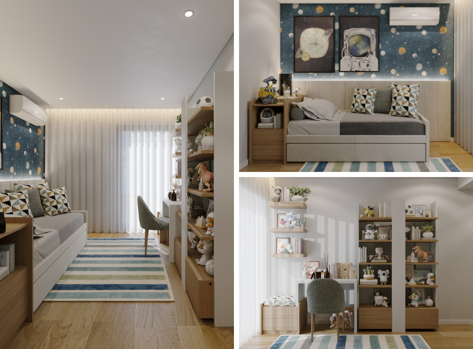 Decoração de quarto de criança com tema espacial e soluções de arrumação funcionais e lúdicas.