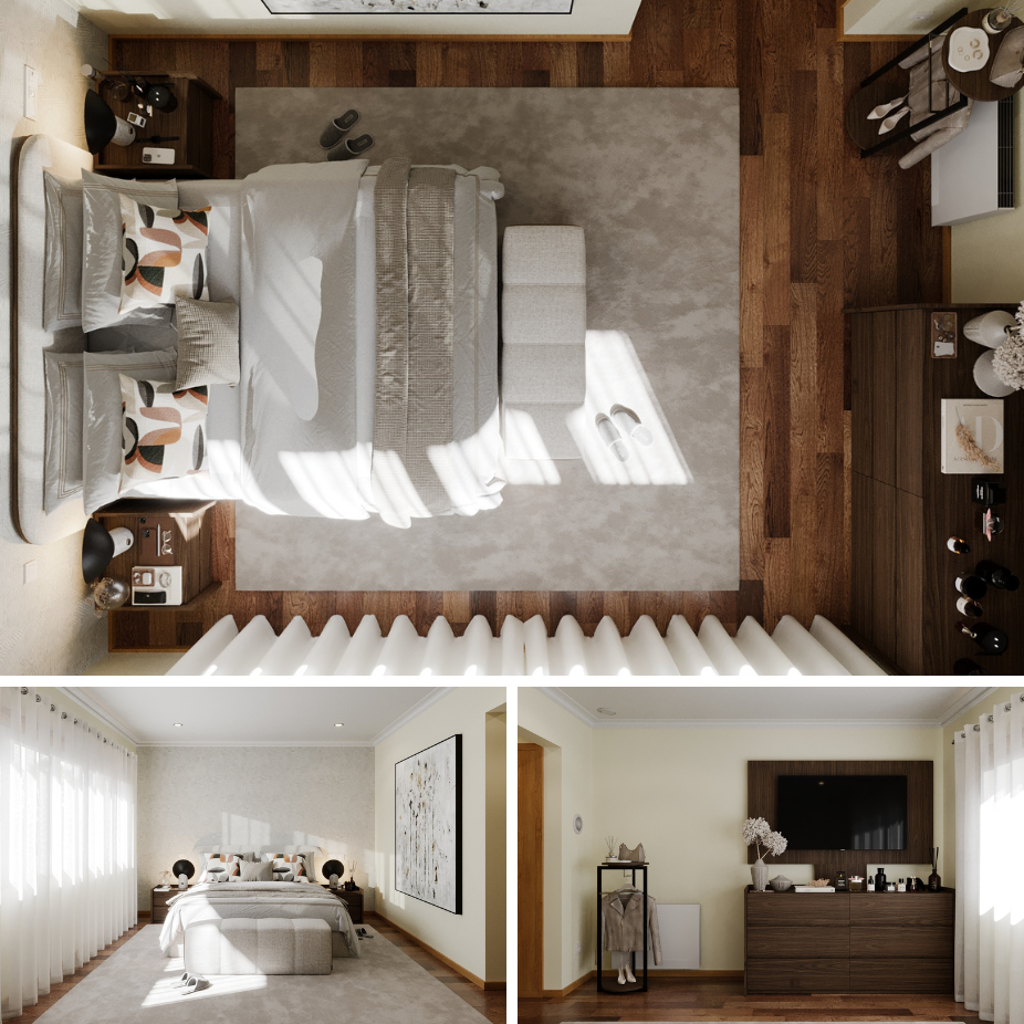 Decoração de quarto de casal com paleta de cores terrosas e texturas nobres, para um resultado aconchegante.