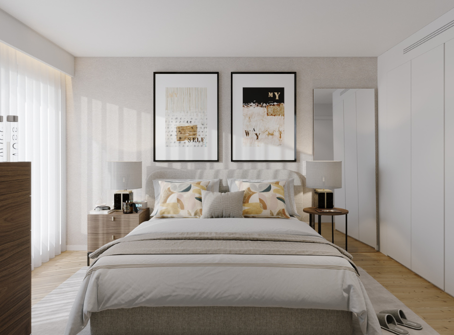 Quarto de casal com design contemporâneo, mobiliário personalizado Laskasas e ambiente sofisticado.