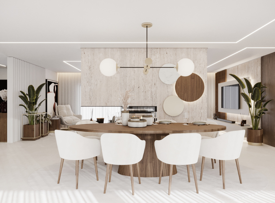 Proyecto 3D de comedor Laskasas: mesa ovalada de madera, sillas blancas y lámpara suspendida en un ambiente contemporáneo