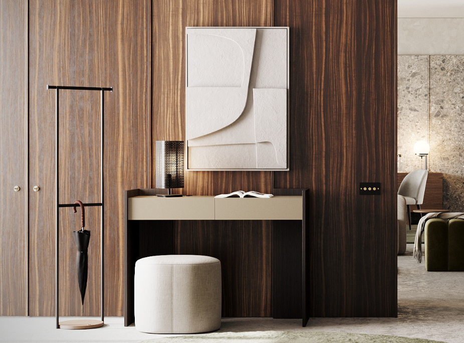Recibidor Laskasas con paneles de madera de nogal, consola moderna en tonos beige y perchero.