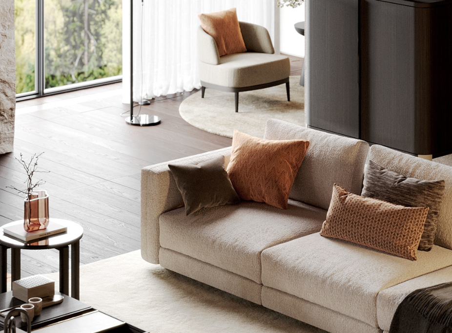 regras sagradas da decorao interior em sala de estar com apontamento de cor em peach fuzz, pantone 2024