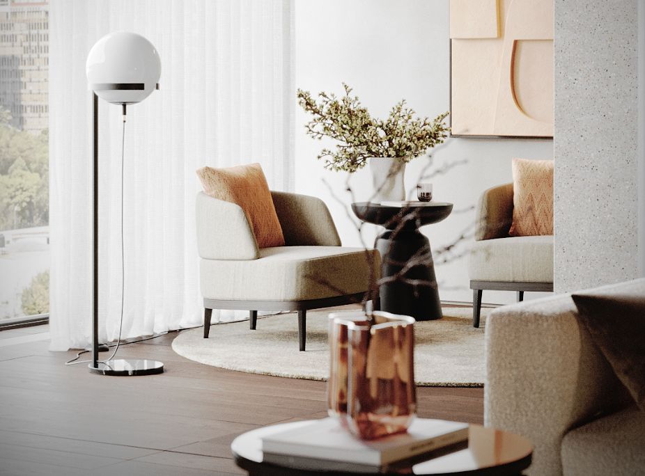 Sala de estar com cor Peach Fuzz em jarra, quadro e almofadas