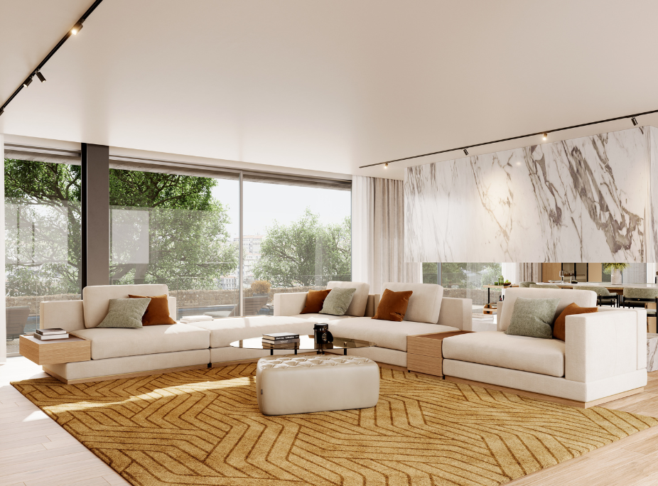 Decorao de sala de estar para o vero de 2025 em sala de estar com  luz natural, cores neutras, verdes e castanho em almofadas e tapete amarelo amanteigado