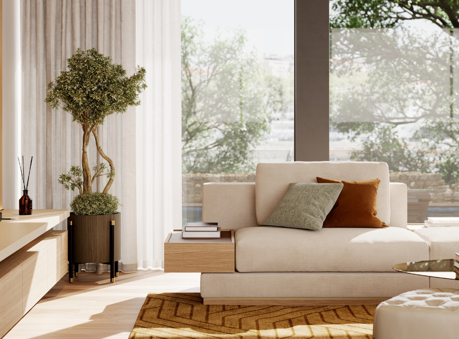 Decorao de sala de estar para o vero de 2025 com luz natural, cores e texturas naturais e planta