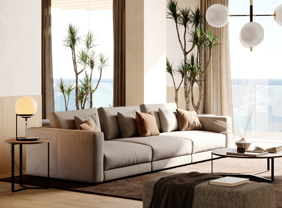 Decorao de sala de estar para o vero de 2025 em sala de estar com plantas, luz natural e mobilirio Laskasas